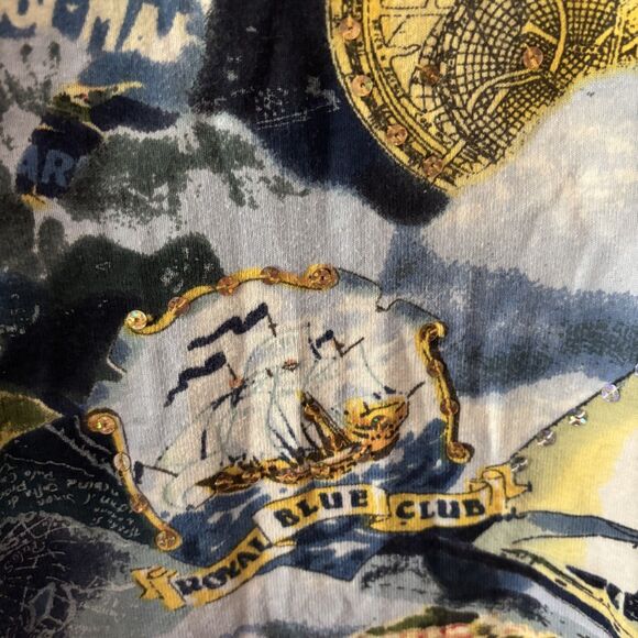 Women's Y2K Take Two Graphic Shirt Tee Size S Beach Scene Sailor Sequined Top - Picture 3 of 7